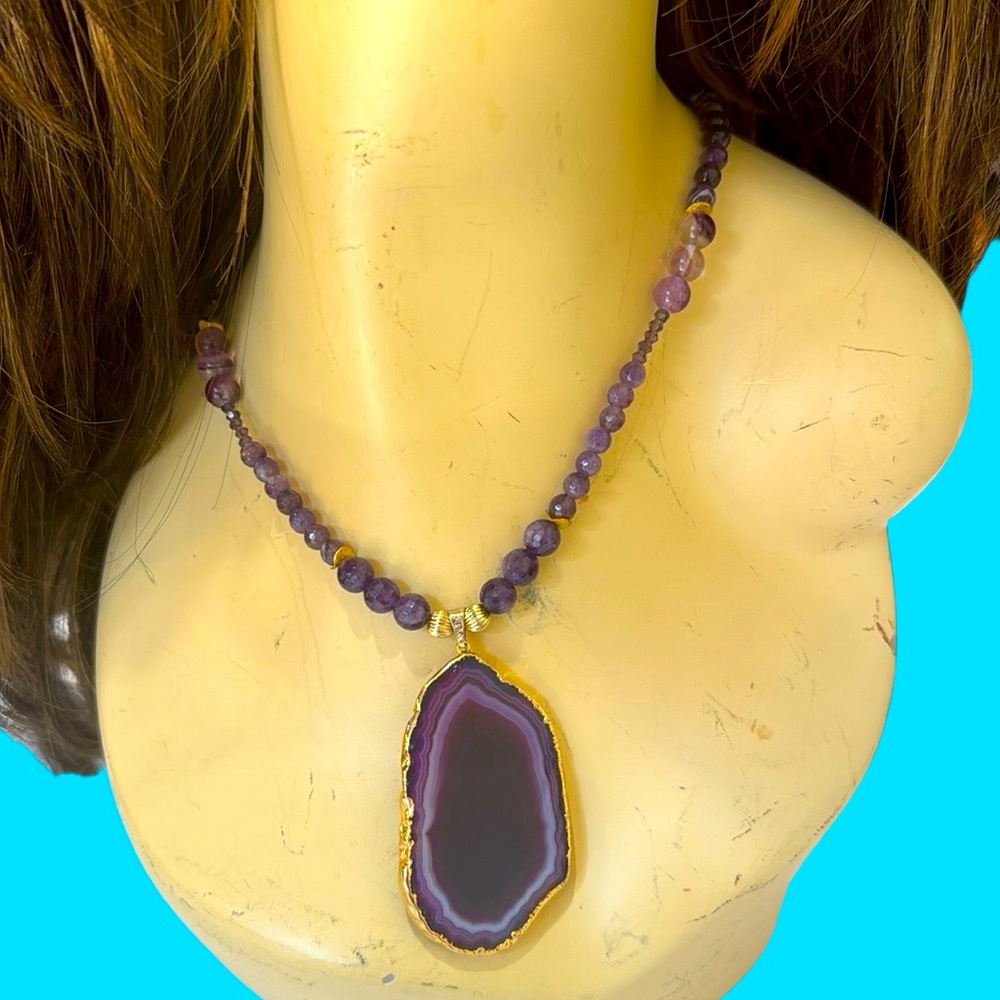 NWT PURPLE JASPER PENDANT AMETHYST BEADS NECKLACE By GAIL GREEN JEWELRY